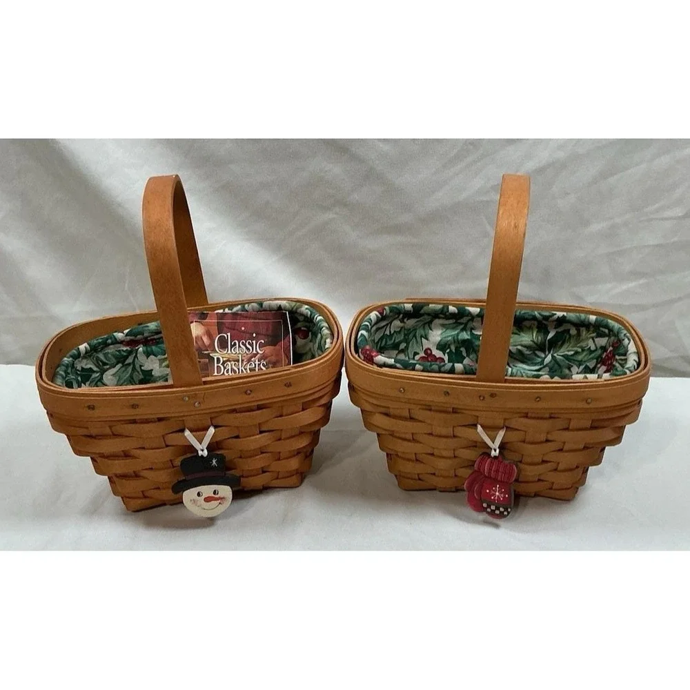 Pair Longaberger 2002 Christmas Baskets American Holly Linens Liners Signed